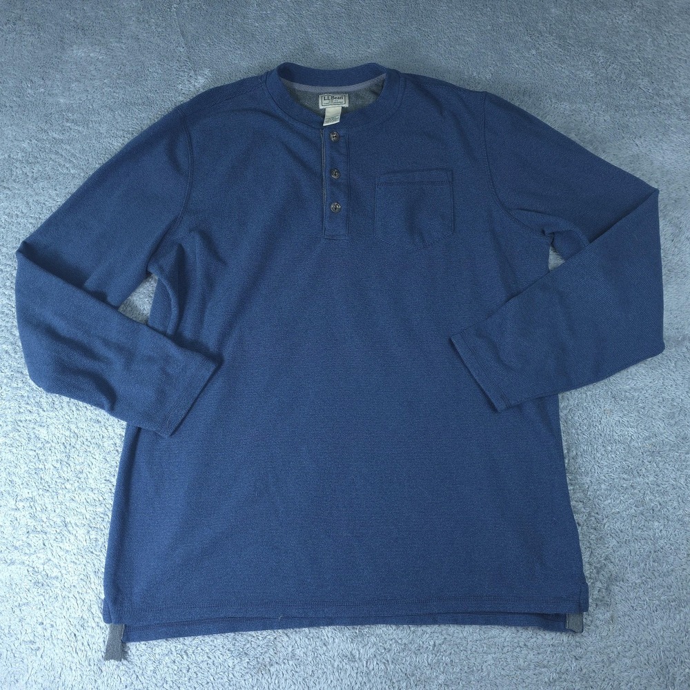 LL Bean Henley Shirt Mens Large Tall Blue Long Sleeve Knit Chest Pocket